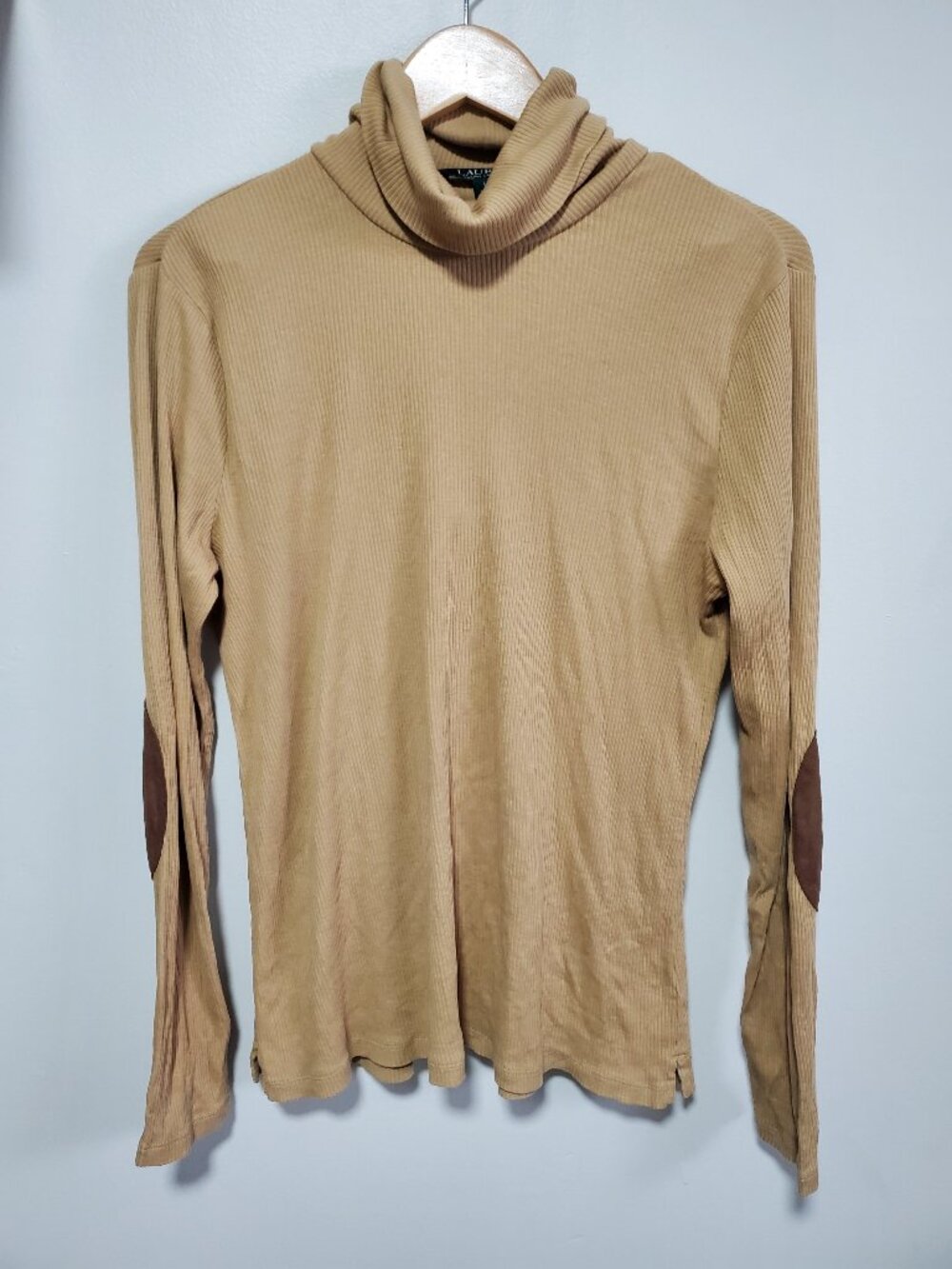 LAUREN RALPH LAUREN Ribbed Turtleneck Top Tan Brown Large Stretch Cotton Neutral